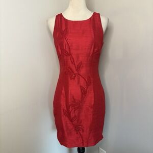 VTG 90s A-List Wrapper Red Raw Silk Sheath Dress Beaded Floral Cocktail 3 4 XS